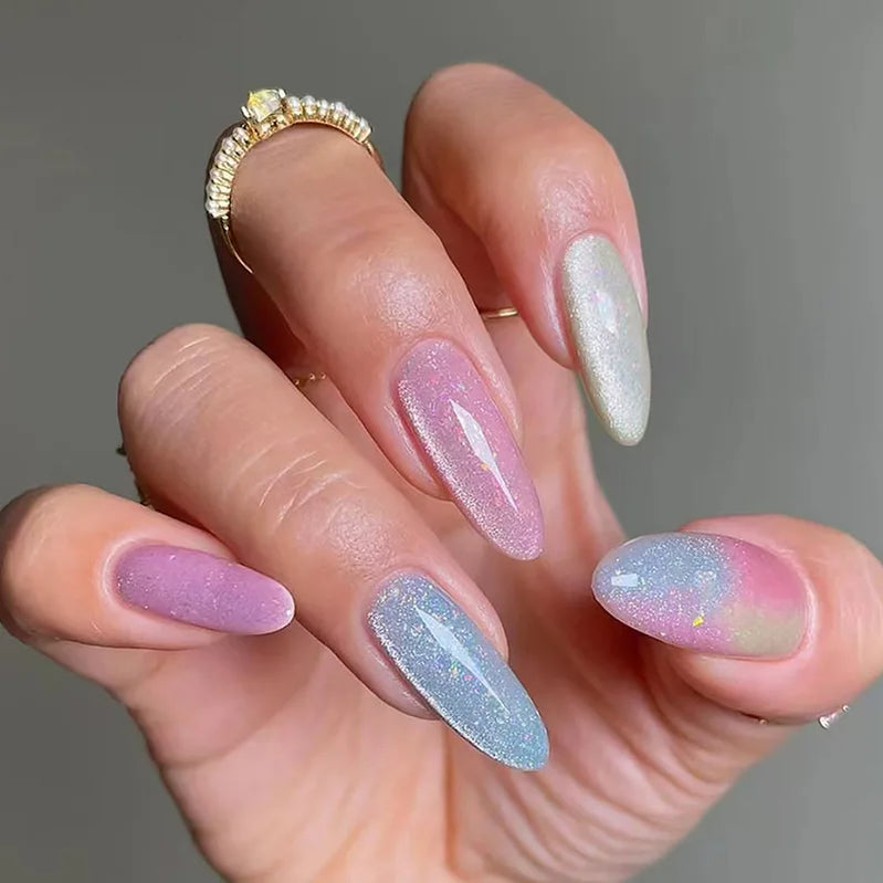 24pcs/set short medium fake nails shinny sparkling glitter square ballet nail tips starry star cat eyes press on false nail art