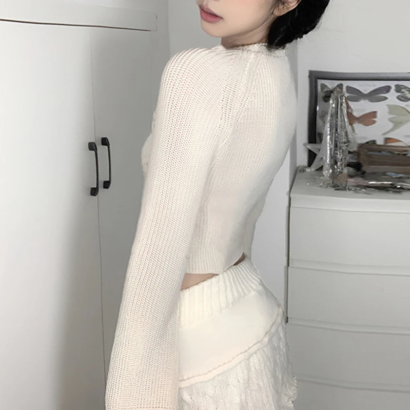 White Butterfly Shaped Sweater Cardigan Sexy Split Lace-up Knitwears Solid Elegant Autumn Clothing y2k Aesthetic Outfits