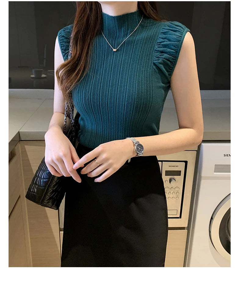 Women Tops Half High Collar Vest Solid Casual Female Sleeveless Knitted Summer Half Turtleneck Knitted Sleeveless T-Shirt DG