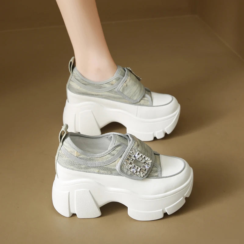 Women Crystal High Heels Chunky Platform Shoes Spring Trend Cowboy Sandals Running Sneakers Walking Mujer Zapatos GRAY