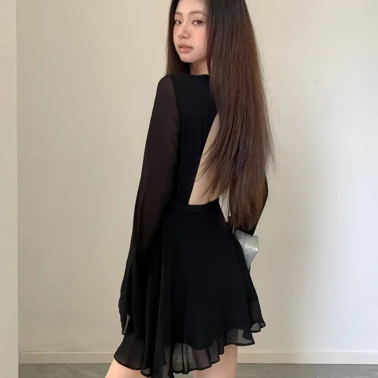 HOUZHOU Backless Black Dress Women Elegant Back Hollow Out Lace-up Long Sleeve Mesh Patchwork Sexy Slim Ruffle Mini Dress Party