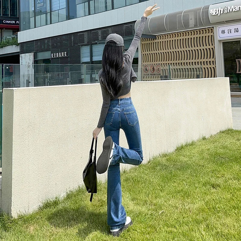 High Stretch Denim Jeans For Women's Slim Fit Wide Leg Design Sexy Long Female Boot Cut Pants