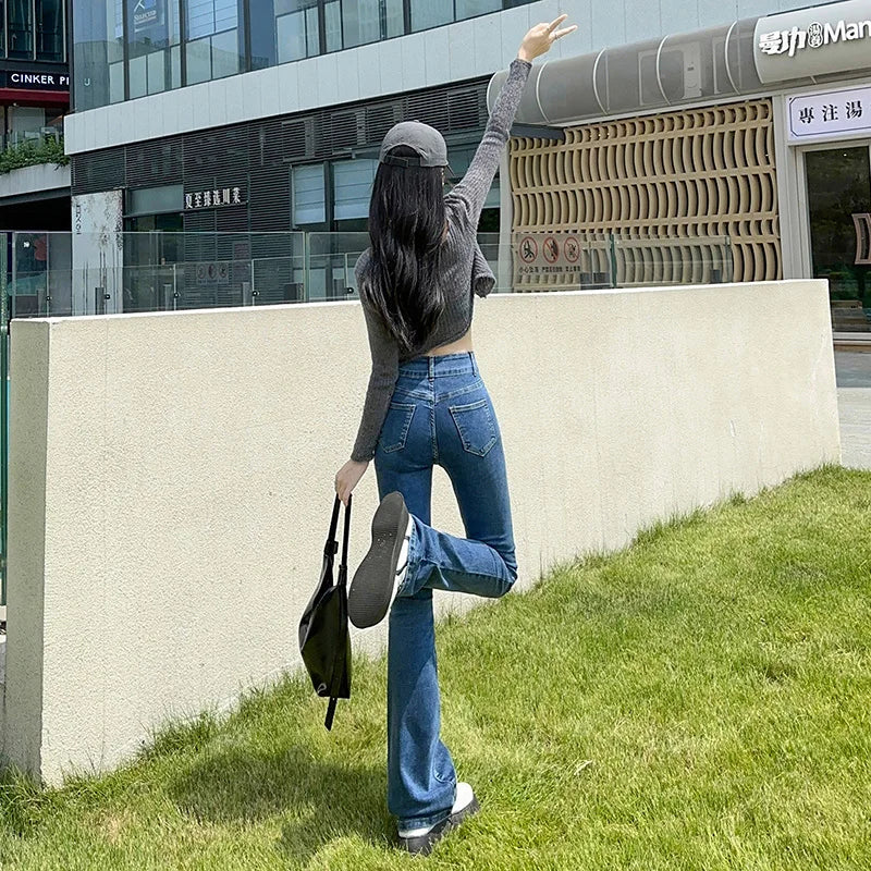 High Stretch Denim Jeans For Women's Slim Fit Wide Leg Design Sexy Long Female Boot Cut Pants