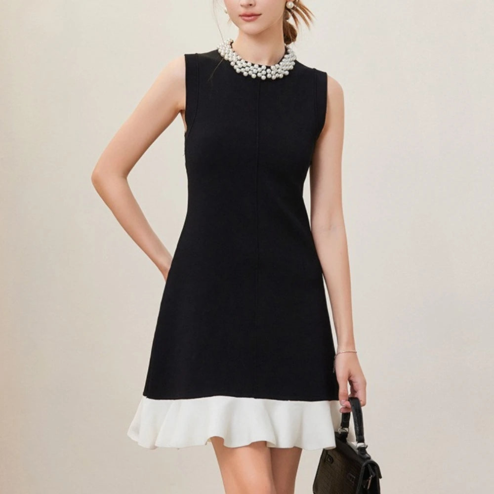 TWOTWINSTYLE Hit Color Slimming Spliced Bead Elegant Mini Dresses for Women Round Neck Sleeveless Patchwork Ruffles Dress Female