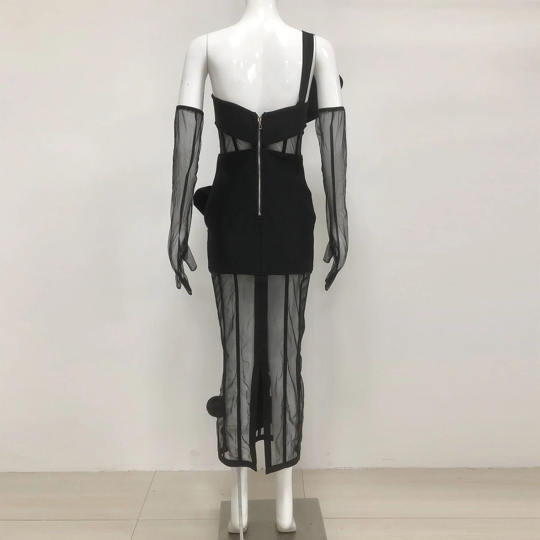 Women Sleeveless Sexy One Shoulder Floral Mesh See Through Bodycon Bandage Long Dress Celebrate Nightclub Party Wear