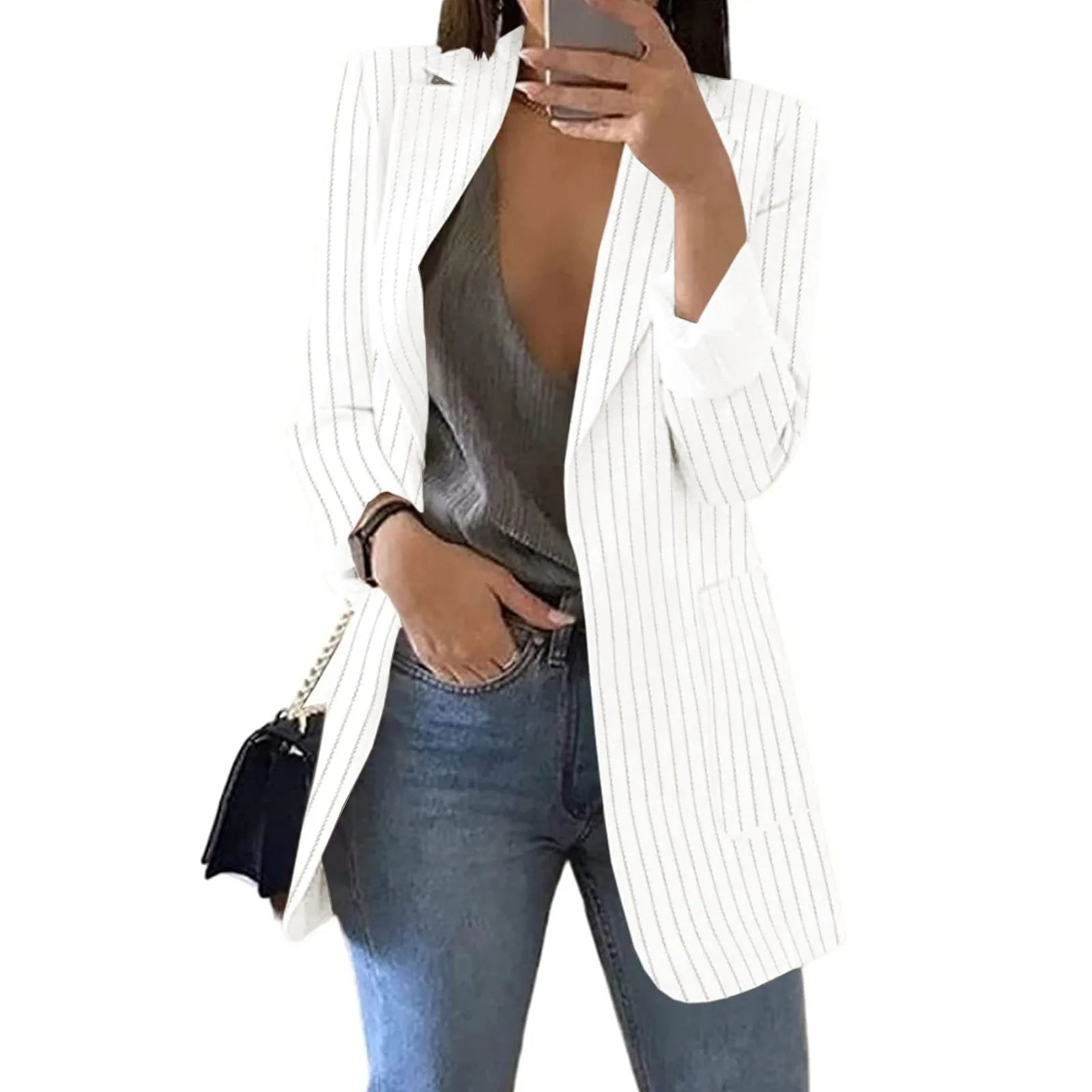 Women's Blazer Coat Stripe Open Front Pockets Cardigan Formal Suit Long Sleeve Blouse Coat WHITE