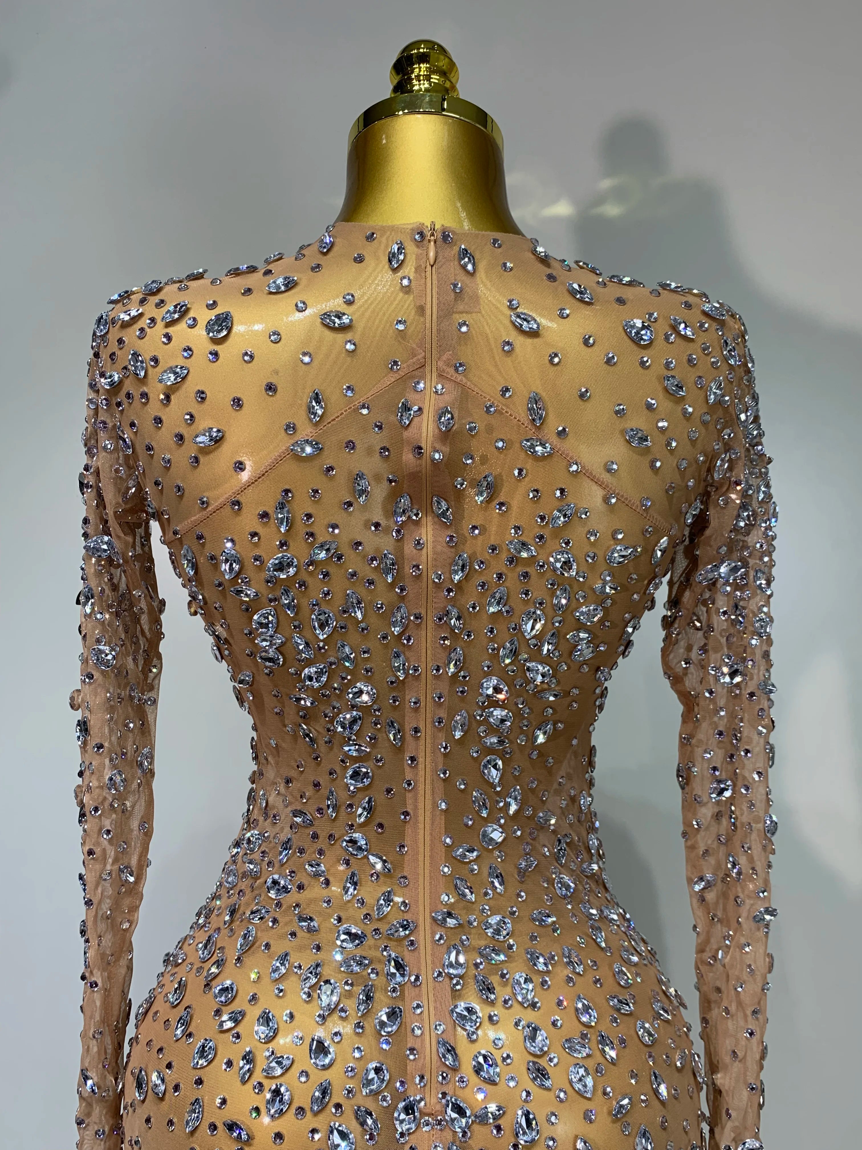 Women Sexy Long Sleeve Bodycon Dress Luxury Birthday Evening Party Glitter Rhinestones Mesh See Through Prom Gown Stage Outfit