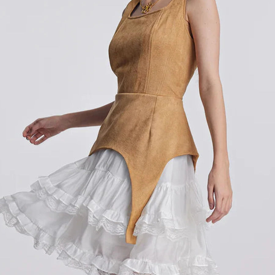 TWOTWINSTYLE Colorblock Slimming Temperament Dresses for Women Square Neck Sleeveless Patchwork Ruffles Fold Dress Female New