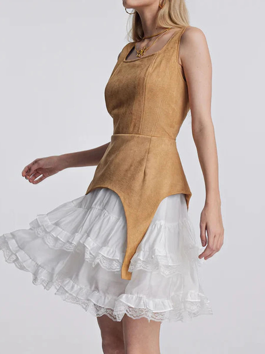 TWOTWINSTYLE Colorblock Slimming Temperament Dresses for Women Square Neck Sleeveless Patchwork Ruffles Fold Dress Female New