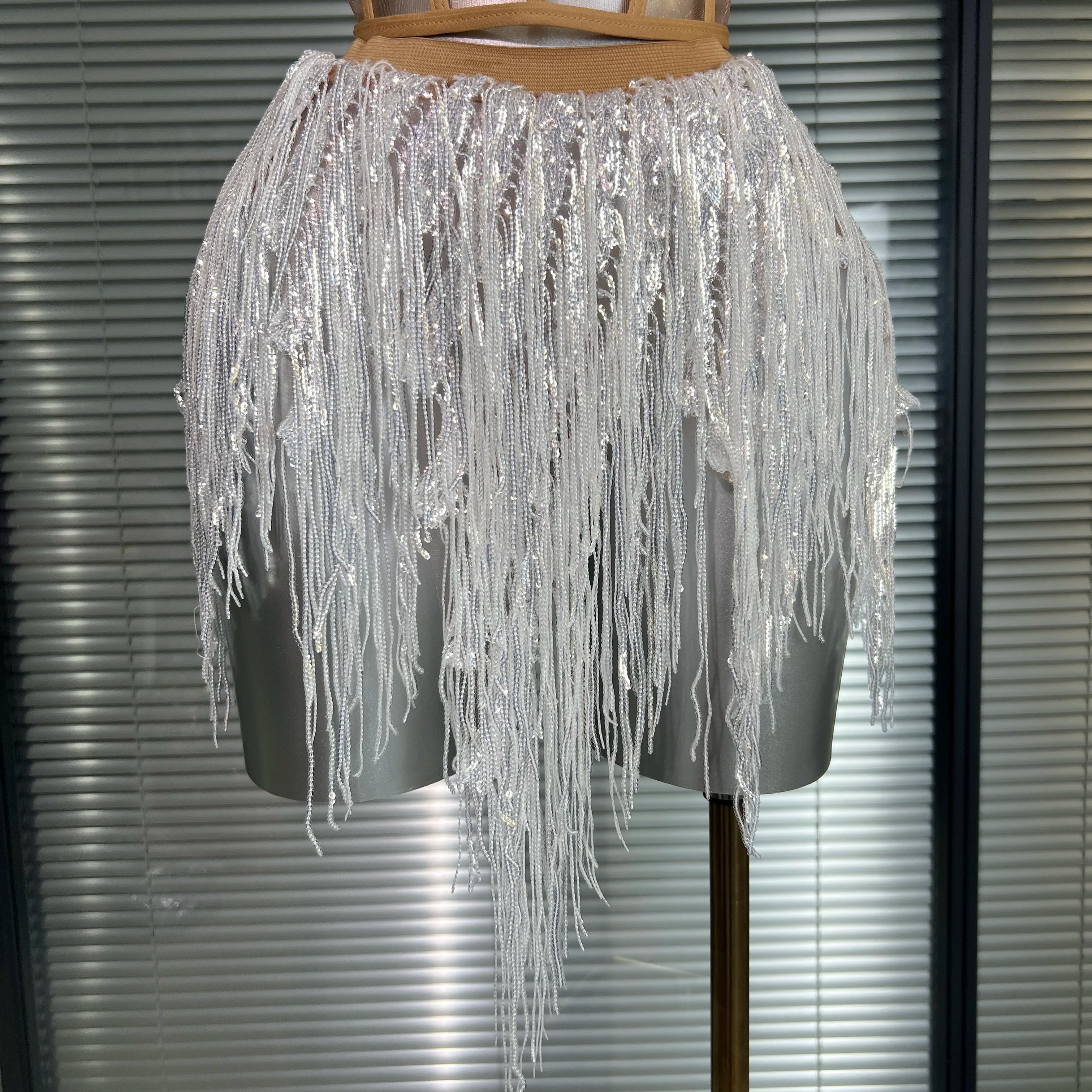 Women Sexy Sequins White Sparkly Two Pieces Set Shinning Fancy Night Club Skirt Suits Singer Dancer Stage Costume