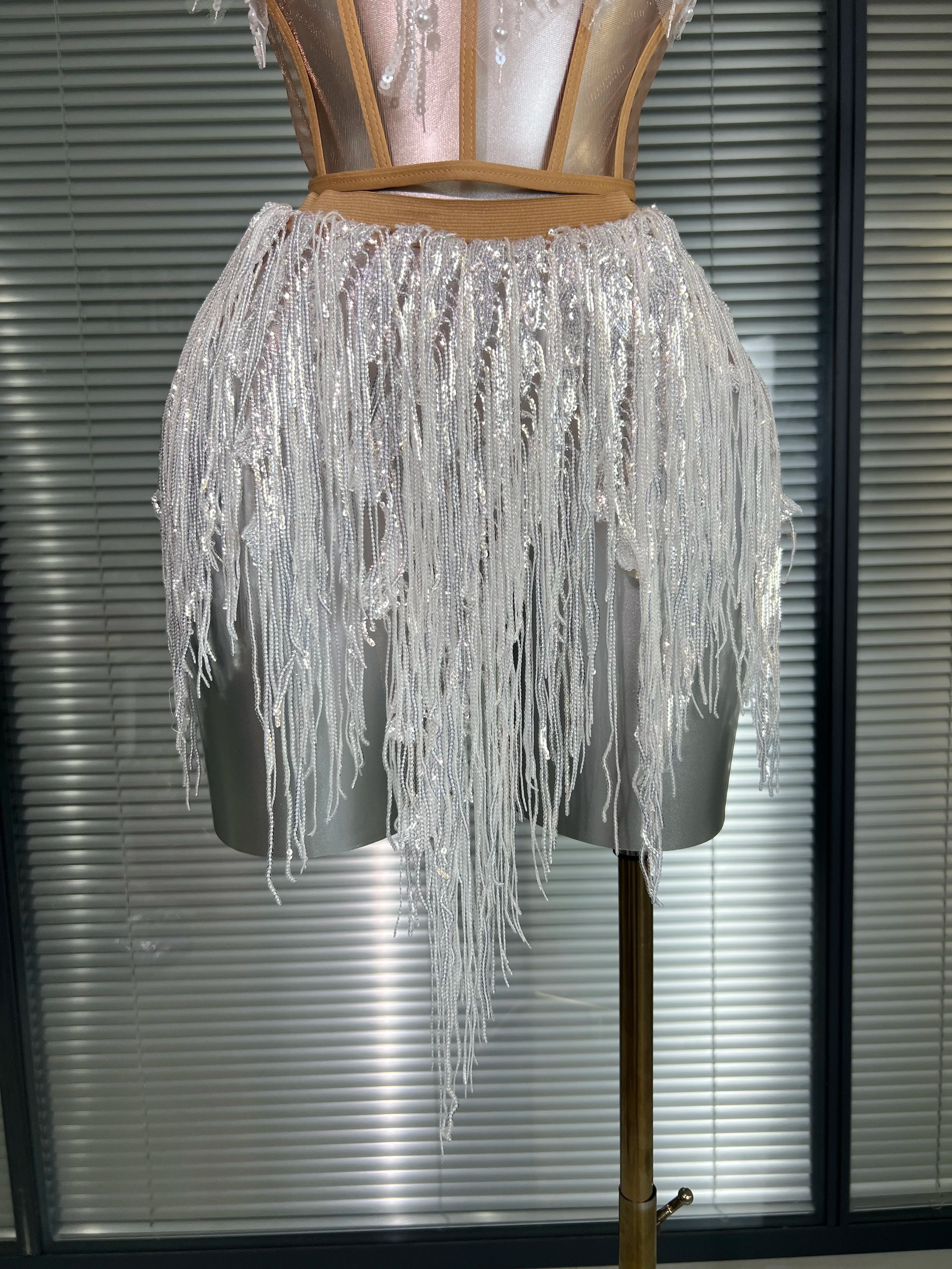 Women Sexy Sequins White Sparkly Two Pieces Set Shinning Fancy Night Club Skirt Suits Singer Dancer Stage Costume