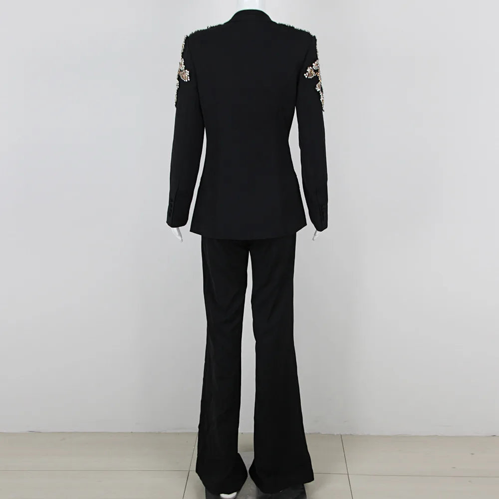 TWOTWINSTYLE Slimming Two Piece Sets for Women V Neck Long Sleeves Spliced Appliques Top High Waist Wide Leg Pant Set Female New