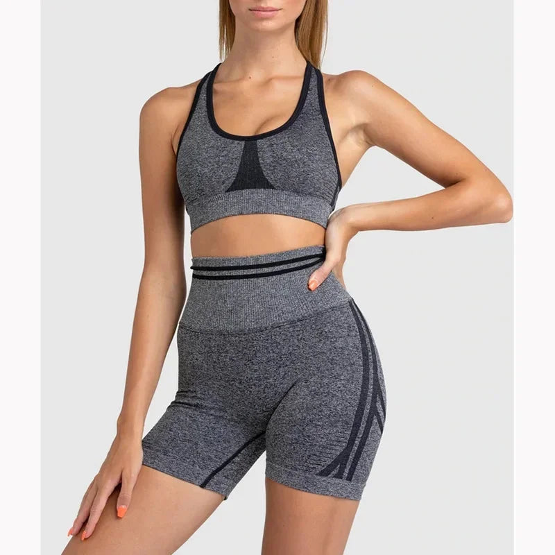 Seamless Yoga Sets Sports Fitness Peach Hip-lifting Shorts Beauty Back Short-Sleeved Suits Workout Gym Leggings Set for Women Heather Gray2