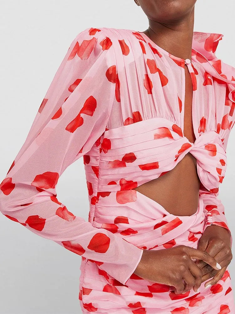 TWOTWINSTYLE Print Patchwork Floral Cut Out Dress For Women V Neck Long Sleeve High Waist Folds Mini Dresses Female Clothes New