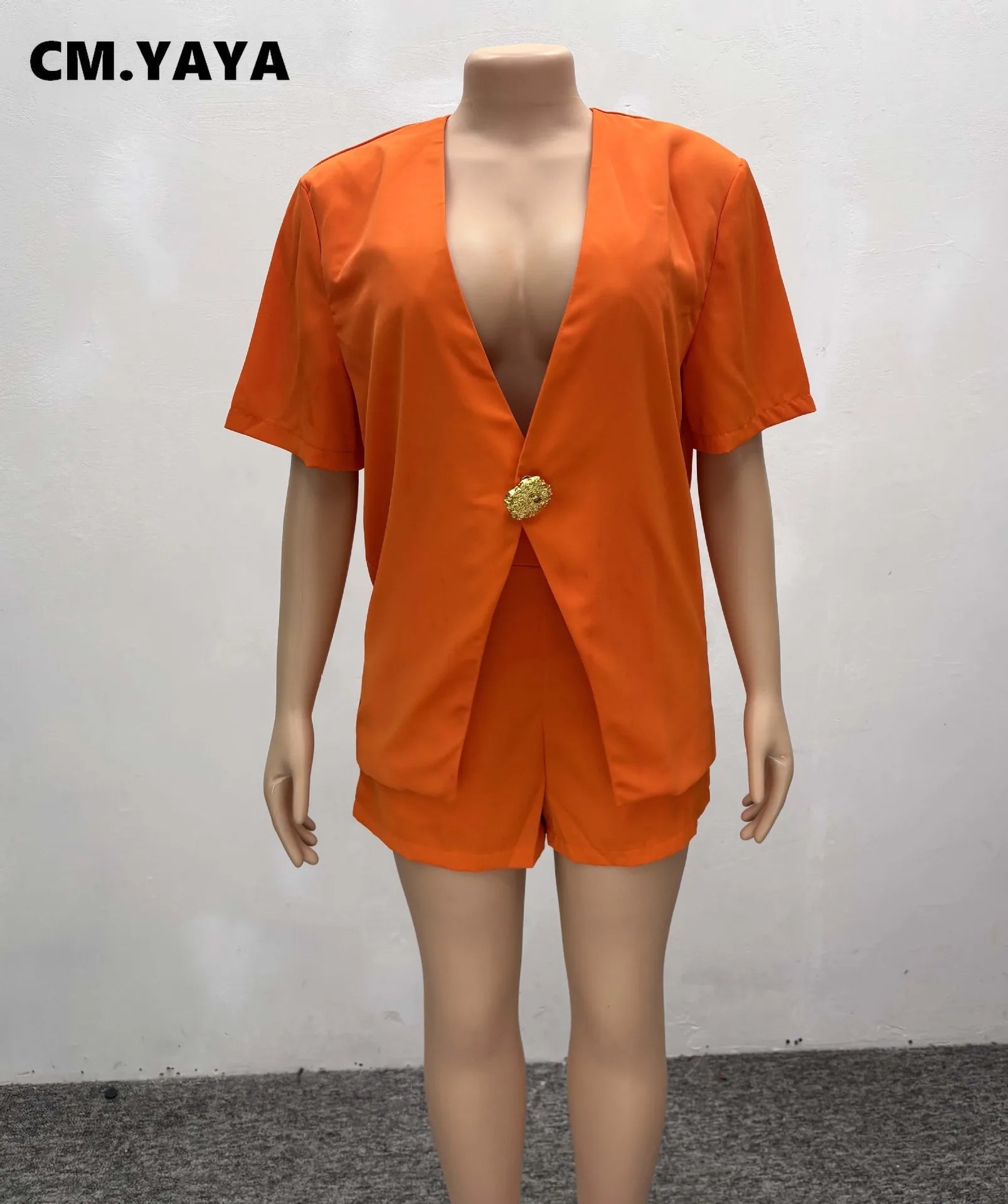 CM.YAYA Women Set v-neck Short Sleeve Shirts blazers +Shorts suits Two 2 Piece Sets Fashion 2025 OL Work Outfit Tracksuit Summer