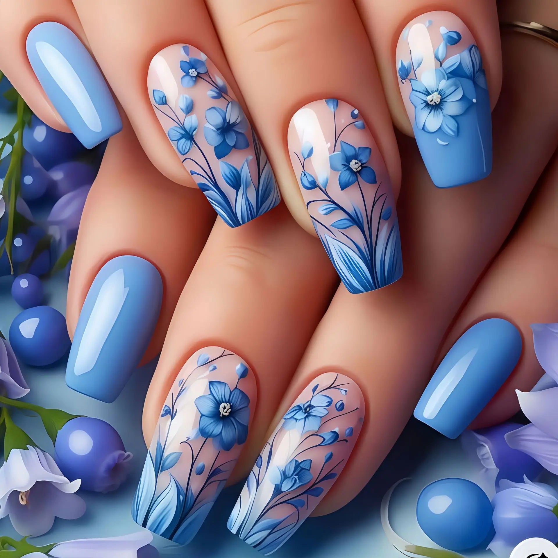 24Pcs Fake Nails Mid-length Ballet Press on False Nails with Blue Flowers Design Fashion Nails Set Detachable Nail Spring/Summer