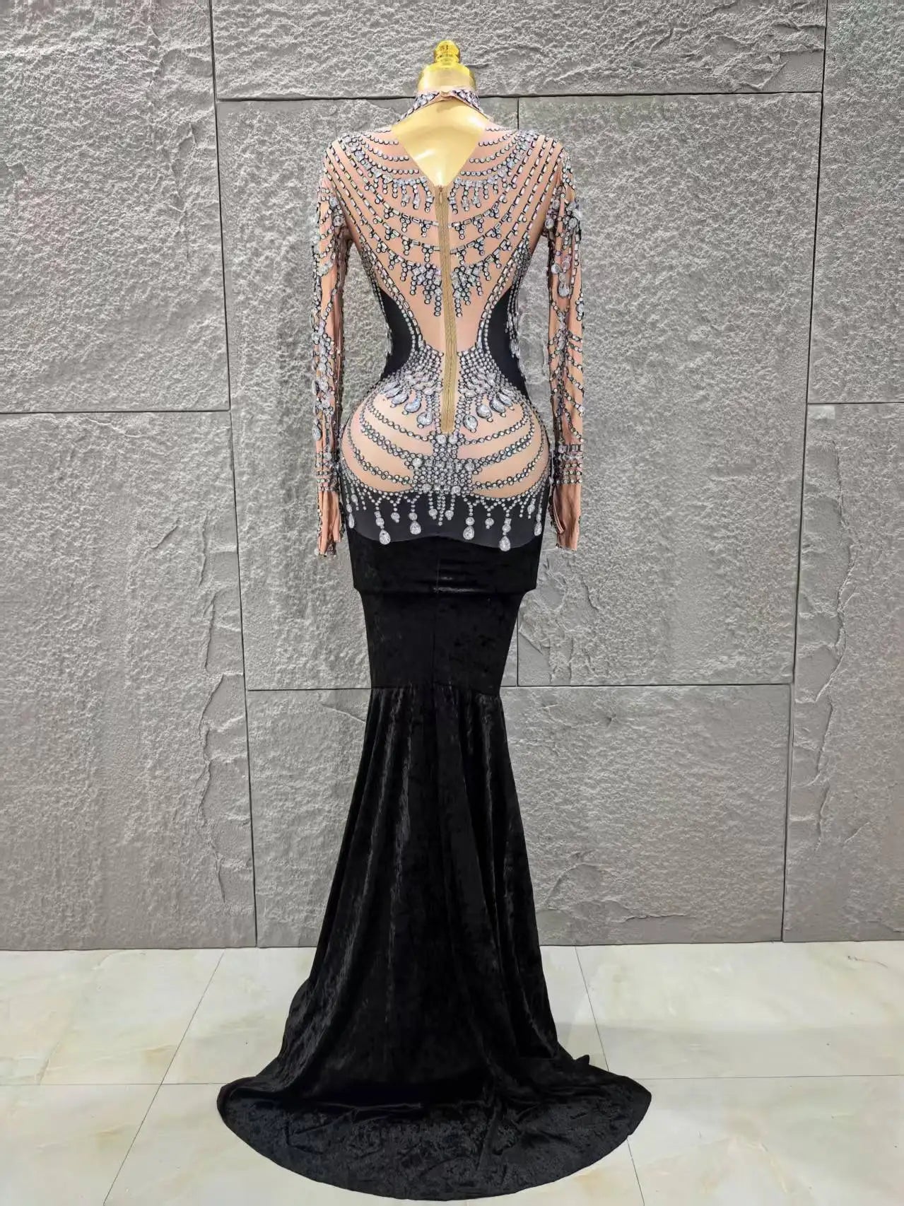 Women Long Sleeve Sexy Shinning Crystal Velvet Bodycon Floor-length Dress Celebrate Evening Party Birthday Cocktail Dress