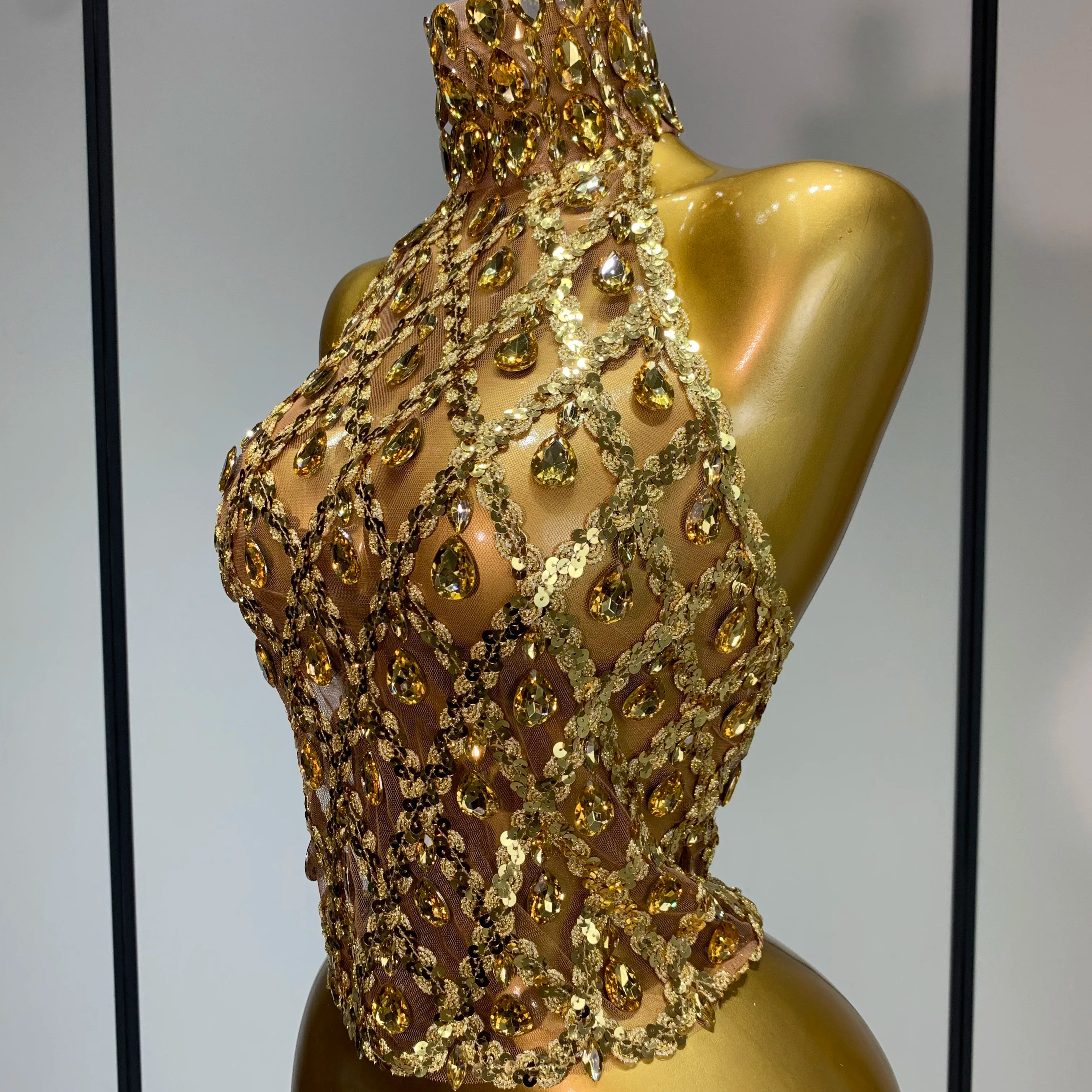 Shining Rhinestones Sexy Transparent Mesh Top Women Evening Party Celebrate Fashion Show Singer Dancer Nightclub Stage Costume