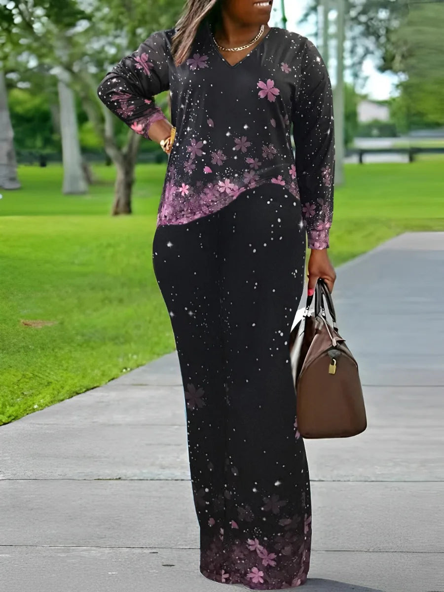 LW Plus Size V Neck Mixed Print Side Split Pants Set Casual Long Sleeve Top Fashion Loose Two Piece Set Outfit