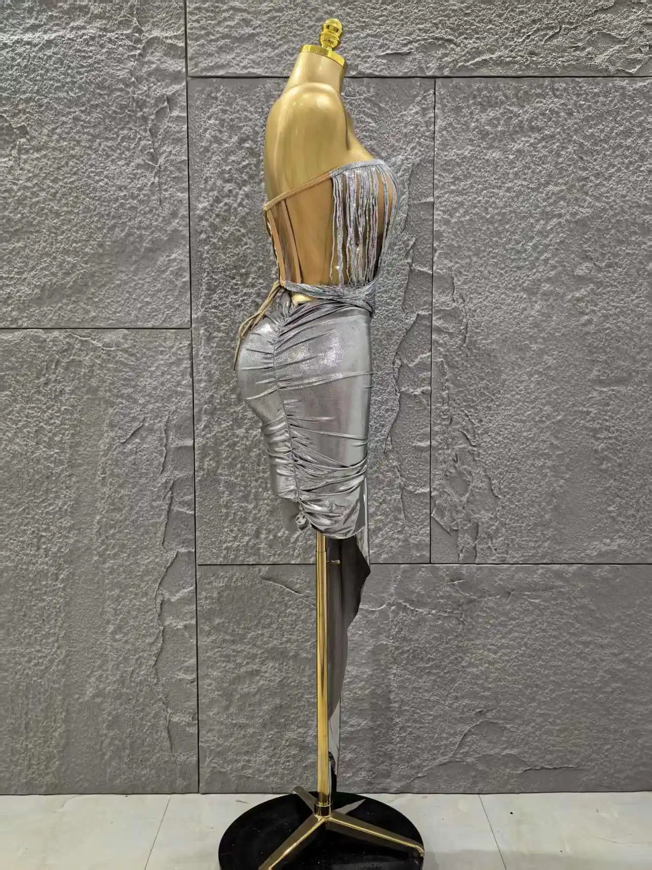 Silver Color Women Sexy Strapless Tassels 2 Pieces Bodycon Mini Dress Nightclub Party Bar Singer Celebrate Performance Costume