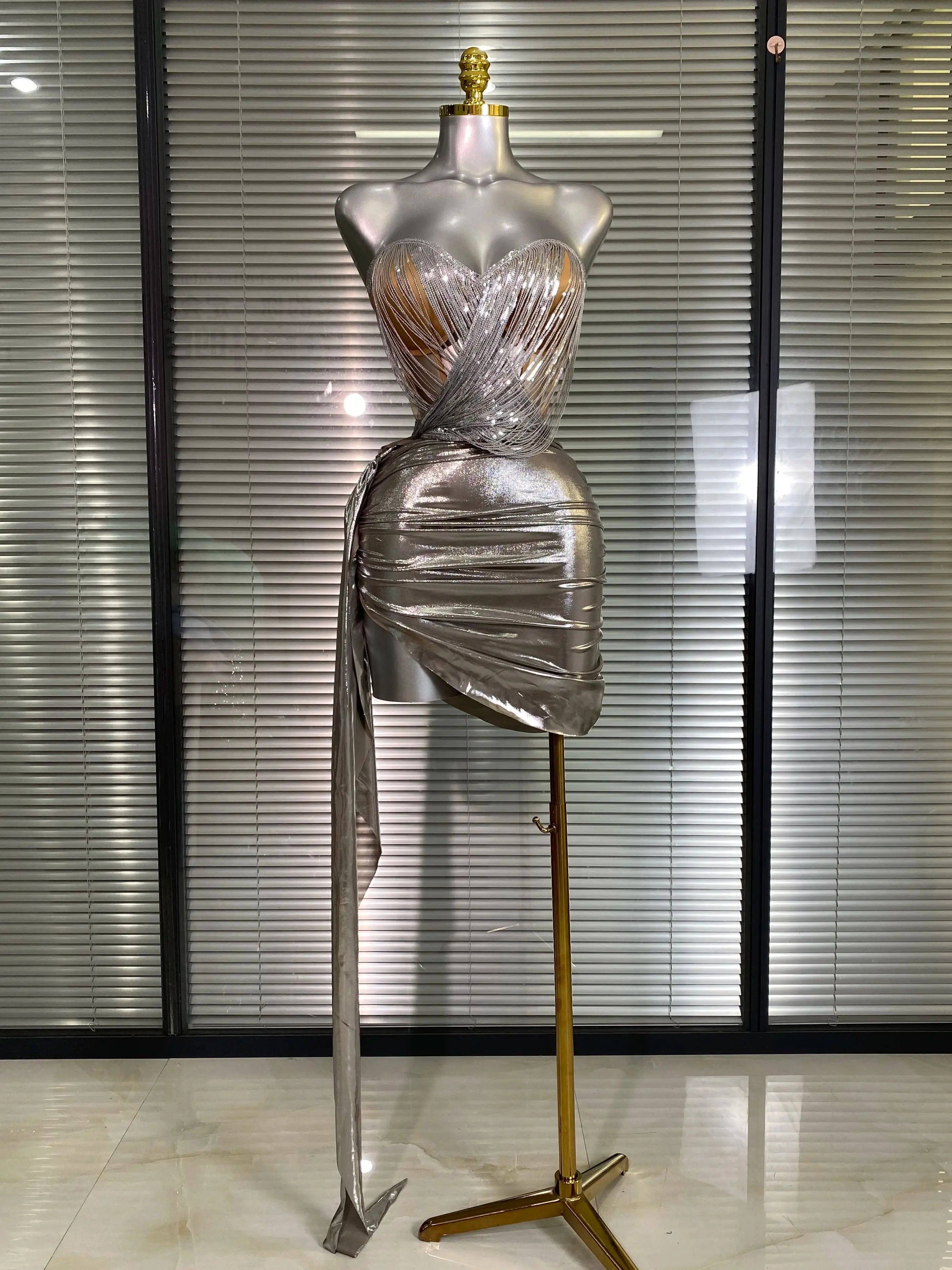 New Sexy Two Pieces Set Women Celebrity Silver Night Club Skirt Suits Laced Singer Dancer Night Club Stage Performance Costume