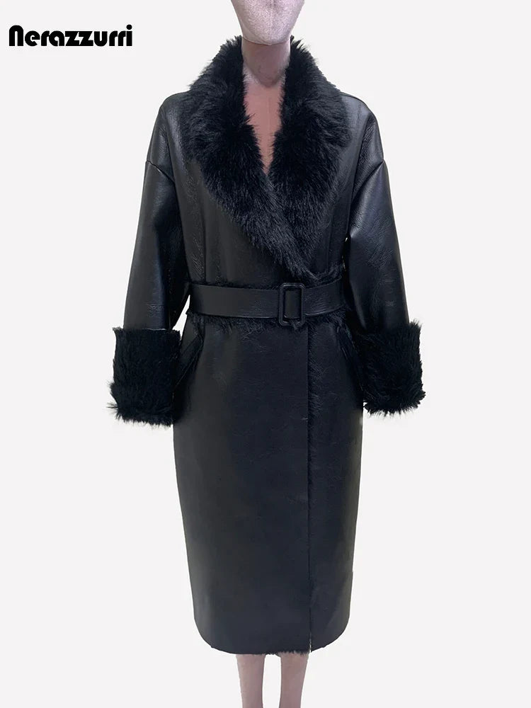 Nerazzurri Winter Long Oversized Black Thickened Warm Soft Black Lamb Shearling Trench Coat Women Faux Sheepskin Overcoat 2024 Black