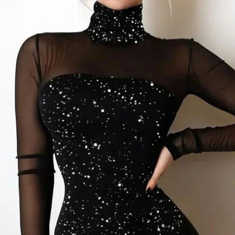 Women Mini Dress Sexy Lace Long Sleeve Slash Neck Turtleneck Dress Night Club Party Bodycon Dress New Elegant Princess Dress