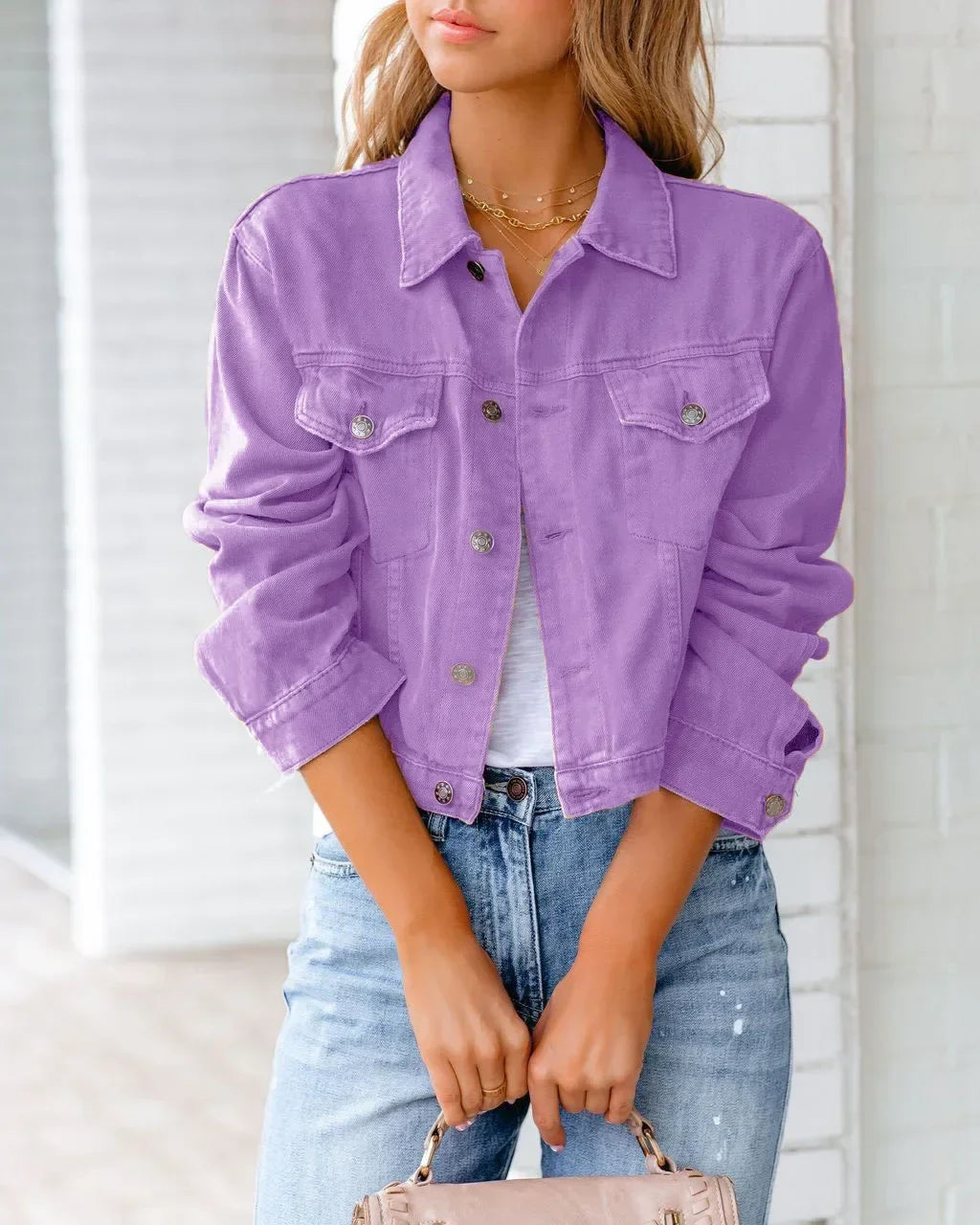 Short Pockets Jacket Fashion Streetwear Single Breasted Trend Women Denim Coats Long Sleeve Autumn New Denim Denim Coats PURPLE