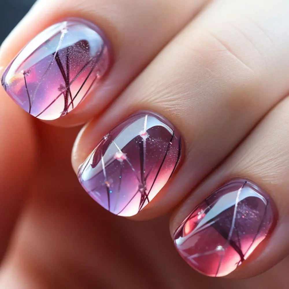 24 peças unhas postiças curtas redondas azul-francês brilhante pérola branco ondulado amor coração cobertura total destacável pontas de pressão