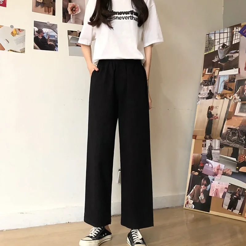 Korean Style Retro Pants Women Loose Casual Solid Color Straight Ankle-length Trousers Office Lady Versatile Sweatpants Female black CHINA