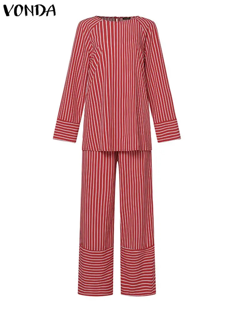Plus Size 5XL VONDA Women Stripe Pant Sets 2024 Summer Fashion Long Sleeve Tops and High Waist Pants Casual Loose Elegant Suit