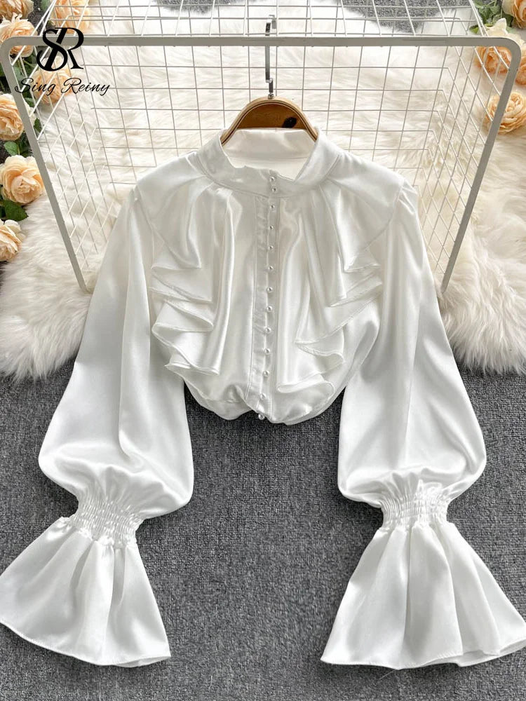 Satin Loose Shirt Long Flared Sleeves Ruffles O Neck Beading Women Gentle Office Lady Casual Blouse