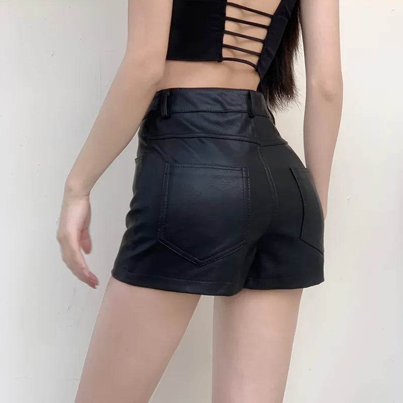 Y2K Black A-line Mini Skirts High Waisted Women Chic Woman Shorts Streetwear Sexy PU Leather Shorts Skirt