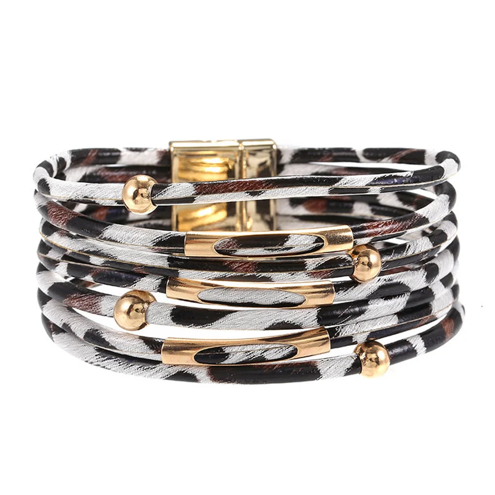 New Leopard Print Multi-Layered Aid Magnet Bracelet For Women Fashion PU Leather Bracelet Bohemian Party Jewelry white