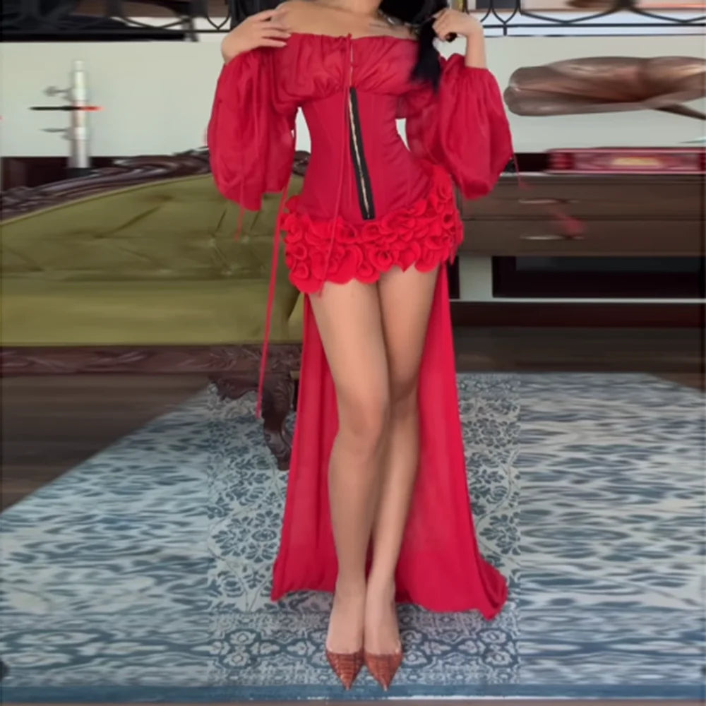 TWOTWINSTYLE Solid Slimming Spliced Lace Up Mini Dresses for Women Slash Neck Long Sleeves Patchwork Fungus Folds Dress Female