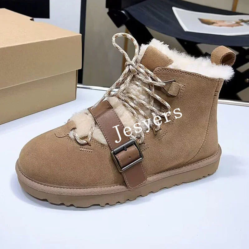 Flat Bottom Thick Bottom Snow Boots Women's Artificial Fur Wool Lining Ankle Boots Winter Thickened Warm Cotton Shoes as show 2