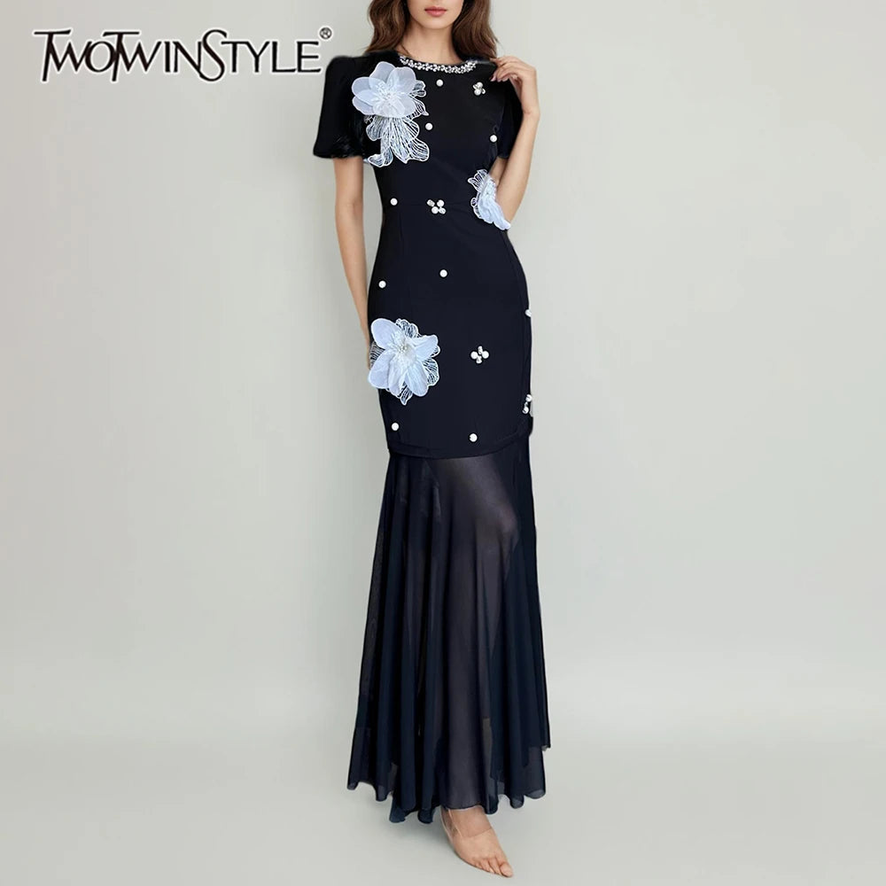 TWOTWINSTYLE Hit Color Spliced 3D Flower Elegant Dresses for Women Round Neck Short Sleeves Patchwork Folds Sheer Dress Female