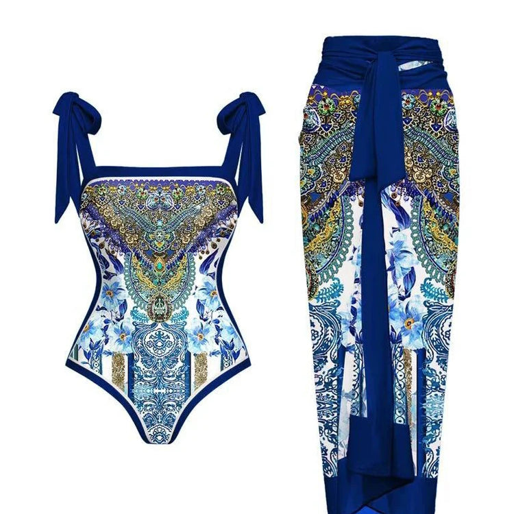 2024 New Fashion Double Sided Printed Lace Up One Piece Swimsuit Women 2023 Sexy High Waisted Lace Up Bikini Swimsuit Cover Up Blue CHINA