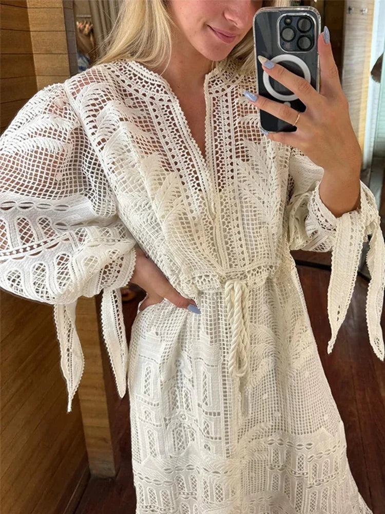 Casual Knit Hollow Out Patchwork Maxi Dress For Women O-neck High Waist Drawstring Lantern Sleeve Dresses Summer Beach Lady Robe White 1