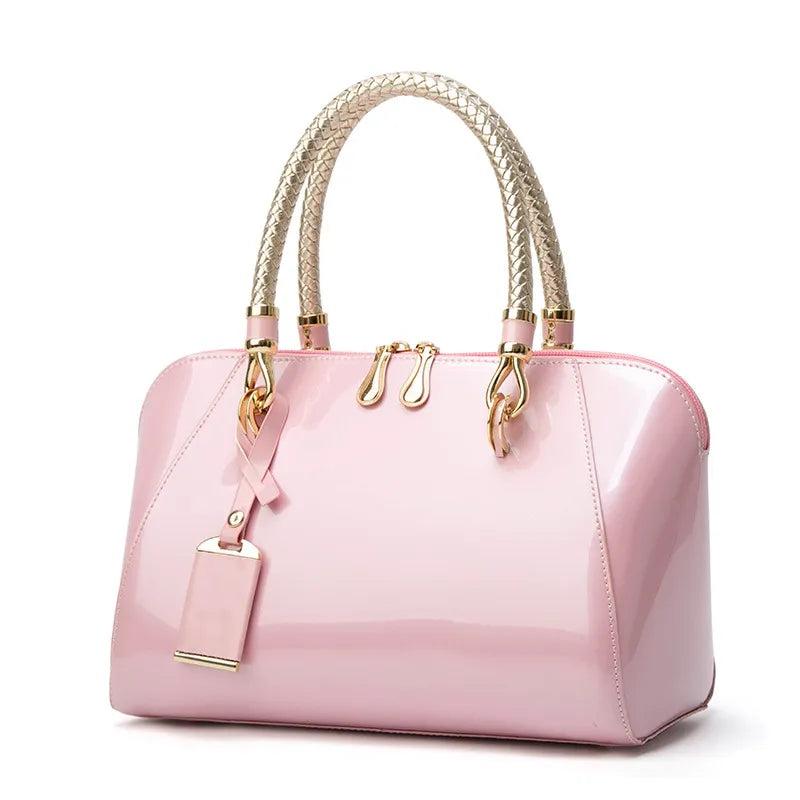 Luxury Designer Handbag Shiny Leather Boston Bag Fashion New Blue Red Black Beige Pink Bags for Women Sac De Luxe Femme Pink