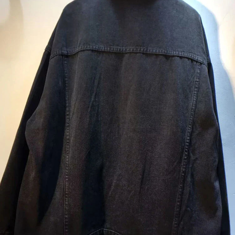 DEAT Women's Denim Coat Wash Black Beading Flowers Diamonds Patchwork Loose Long Sleeve Jackets Summer New Fashion 29L3587