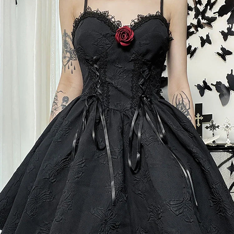 Goth Dark Tie Up Mall Gothic Elegant Women Dresses Grunge Aesthetic Jacquard A-Line Dress Emo Lace Trim Black Party Alt Clothes