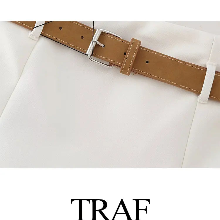 TRAF Spring Women's Solid Beige Blazer Suit Long Sleeves Cropped Blazer+High Waist With Belt A-Line Culottes Elegant Sets