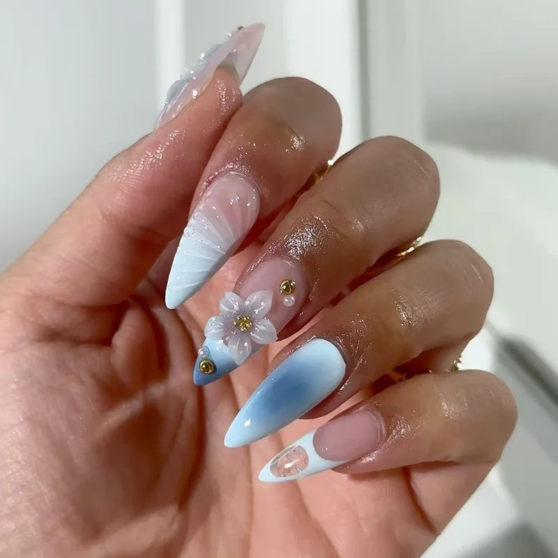 24pcs/set fake nails for women girls 3D embossed flowers cute pink blue leopard print Almond Square tips press on false nail