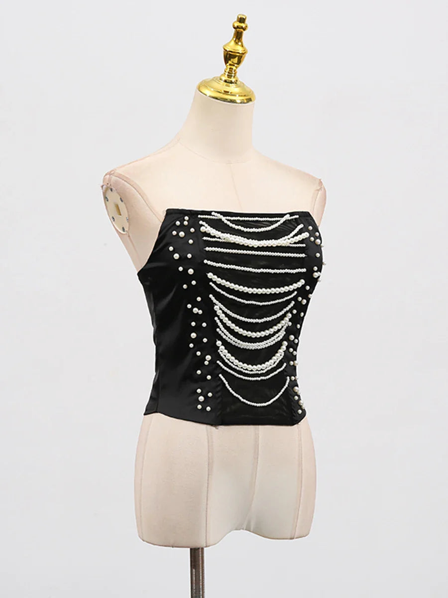 Solid Slimming Spliced Chain Tanks for Women Strapless Sleeveless Patchwork Bead Tank Female Fashion Clothing New