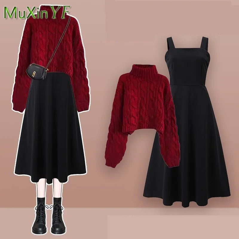 Women's Autumn Winter Loose High Neck Knitted Sweater Suspender Dress Two-piece Korean Elegant Pullover Strap Skirt Matching Set