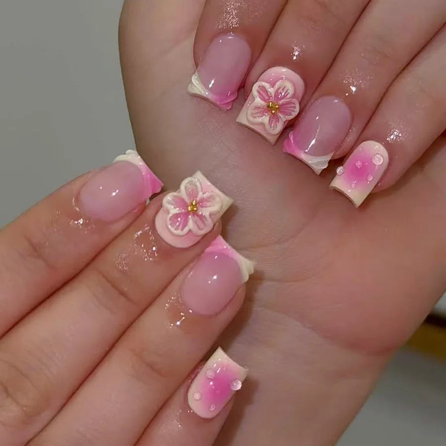 24pcs/set Short Medium fake nails for women girls 3D cute pink bow flowers leopard french square almond tips press on false nail