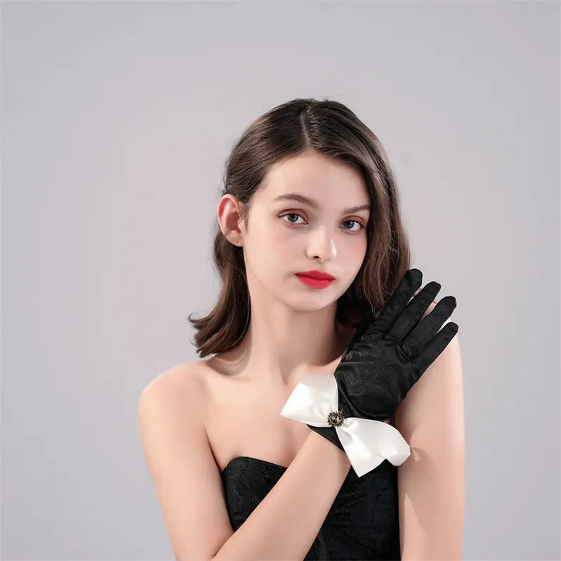 New Original Vintage Gloves Hepburn Black Satin Thin Bowknot Stage Banquet Bride Accessories ST-0005-A