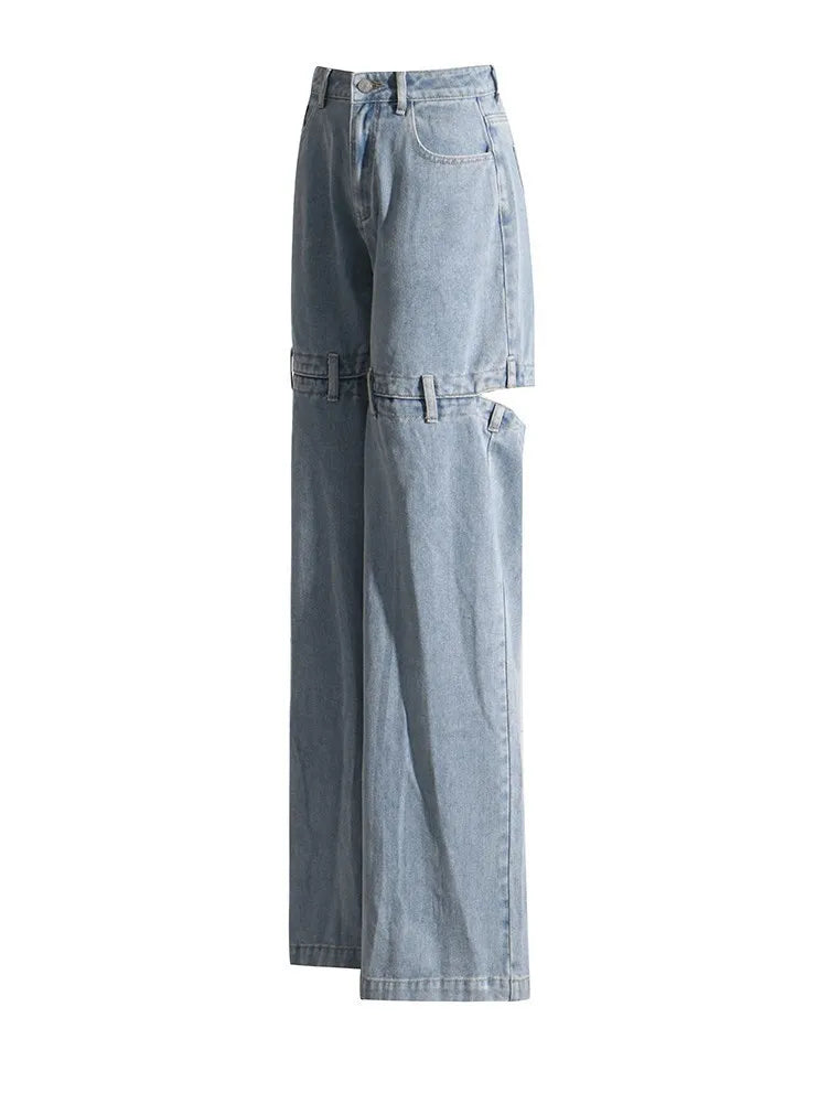 Hollow Out Streetwear Denim Trousers For Women High Wasit Loose Patchwork Wide Leg Pats Female Fashion Summer Clothing New