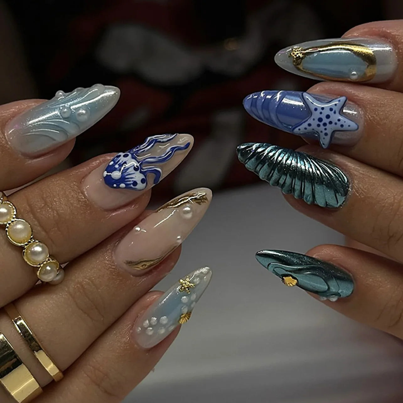 24Pcs 3D Water Ripple Wearable Almond Nail Tips Blue Ocean Shell Design Manicure Colorful Flower Pearl Detachable False Nail Set